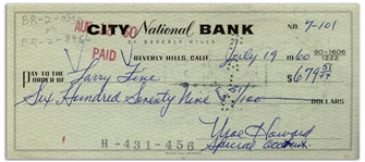 Moe Howard Check Signed to Larry Fine -- Endorsed by Larry on Verso -- Dated 19 July 1960 -- Very Good Condition